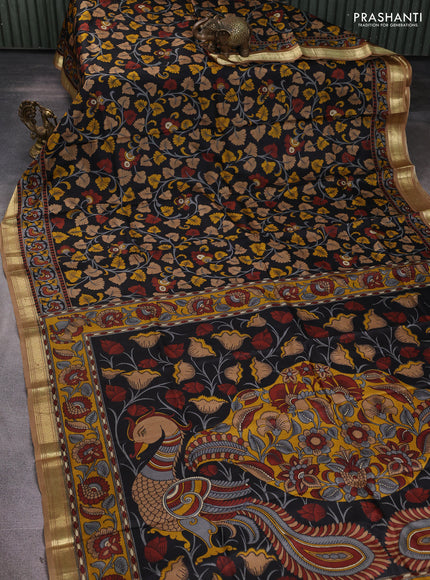 Pure printed silk saree black and sandal with allover kalamkari prints and zari woven border