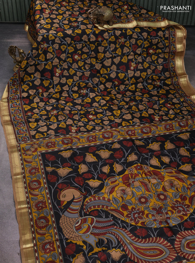 Pure printed silk saree black and sandal with allover kalamkari prints and zari woven border
