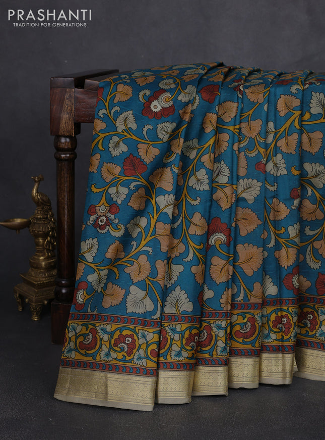 Pure printed silk saree teal blue and beige with allover kalamkari prints and zari woven border