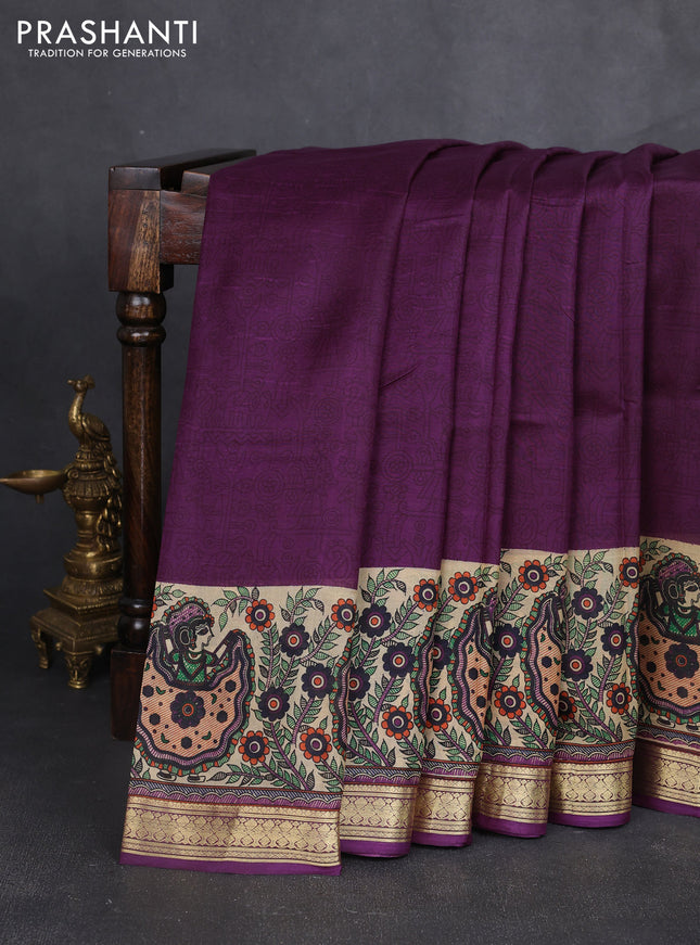 Pure printed silk saree purple with allover prints and madhubani printed zari woven border