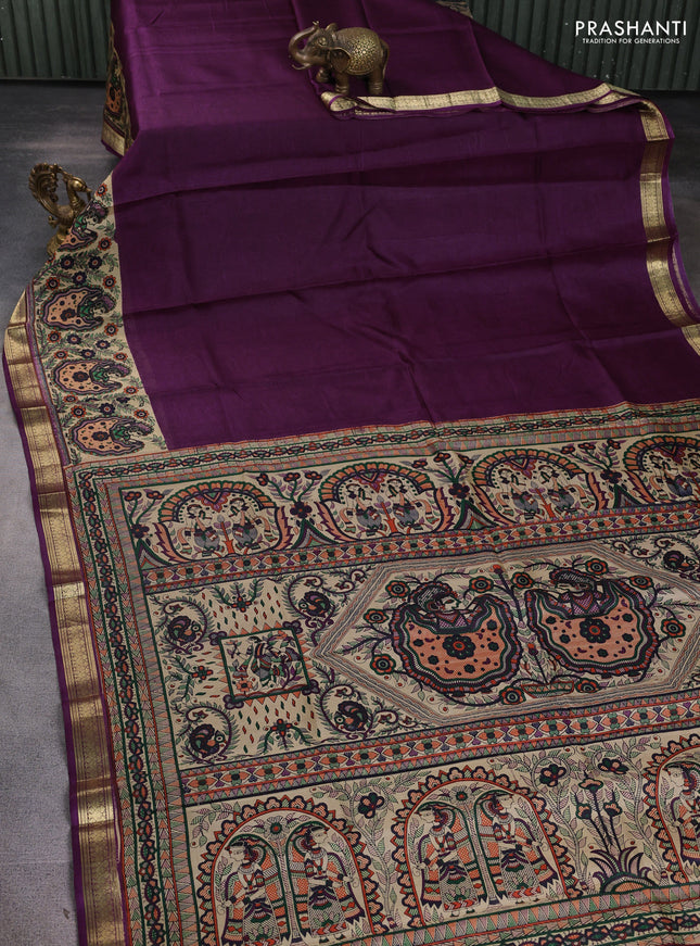 Pure printed silk saree purple with allover prints and madhubani printed zari woven border