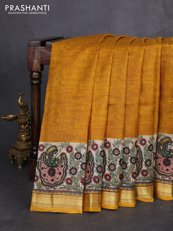 Pure printed silk saree mustard yellow with allover prints and madhubani printed zari woven border
