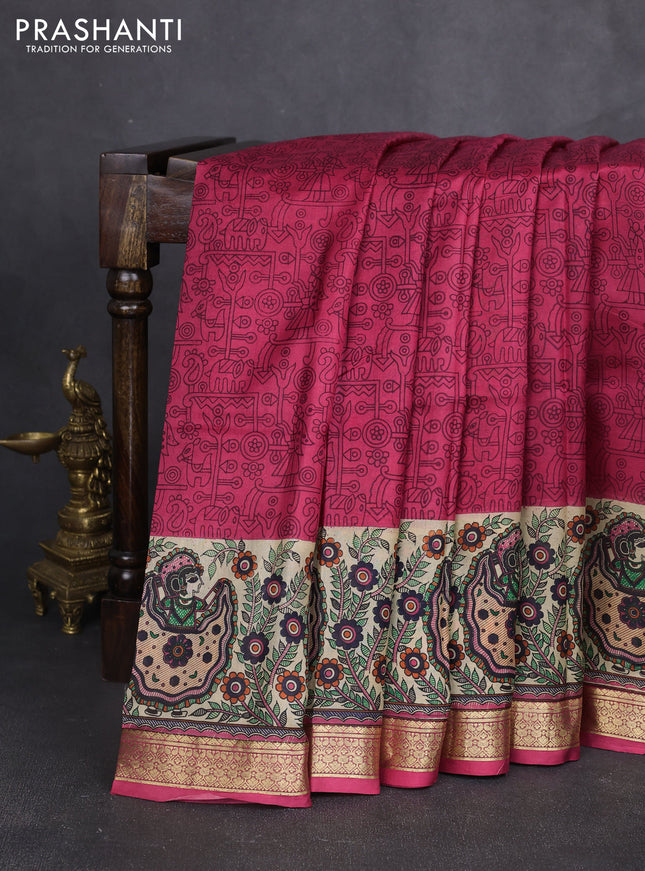 Pure printed silk saree pink with allover prints and madhubani printed zari woven border