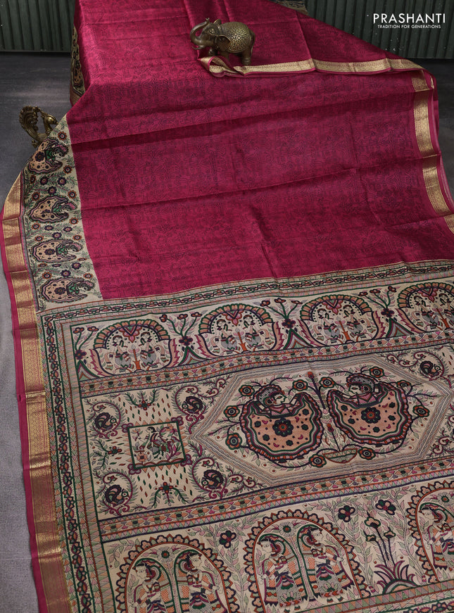 Pure printed silk saree pink with allover prints and madhubani printed zari woven border