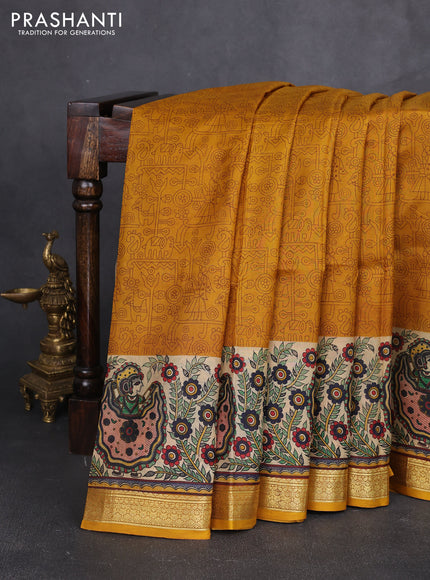 Pure printed silk saree mustard yellow with allover prints and madhubani printed zari woven border