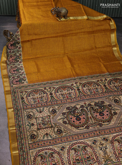 Pure printed silk saree mustard yellow with allover prints and madhubani printed zari woven border