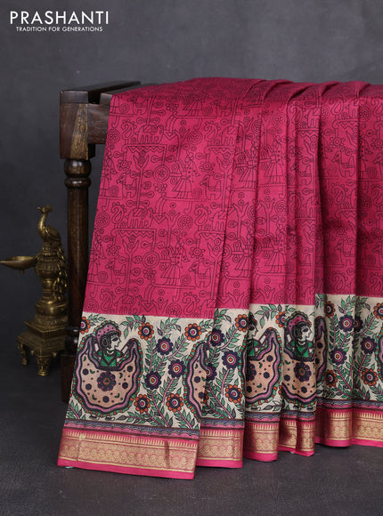 Pure printed silk saree pink with allover prints and madhubani printed zari woven border