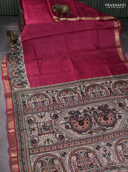 Pure printed silk saree pink with allover prints and madhubani printed zari woven border