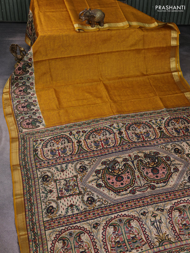 Pure printed silk saree mustard yellow with allover prints and madhubani printed zari woven border