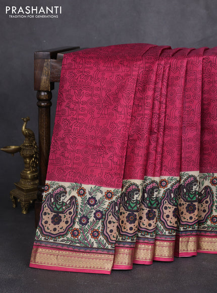 Pure printed silk saree pink with allover prints and madhubani printed zari woven border