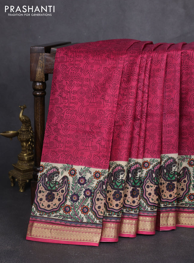 Pure printed silk saree pink with allover prints and madhubani printed zari woven border