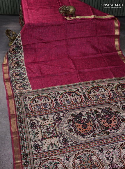 Pure printed silk saree pink with allover prints and madhubani printed zari woven border