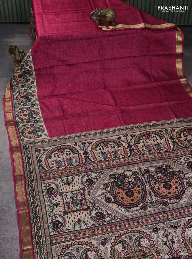 Pure printed silk saree pink with allover prints and madhubani printed zari woven border