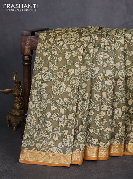 Pure printed silk saree olive green and mustard yellow with allover kalamkari prints and zari woven border