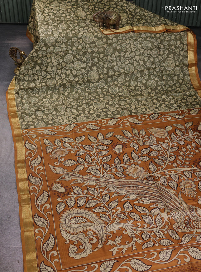 Pure printed silk saree olive green and mustard yellow with allover kalamkari prints and zari woven border
