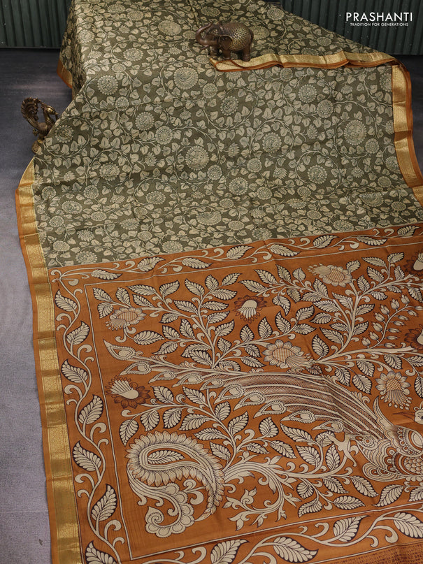 Pure printed silk saree olive green and mustard yellow with allover kalamkari prints and zari woven border