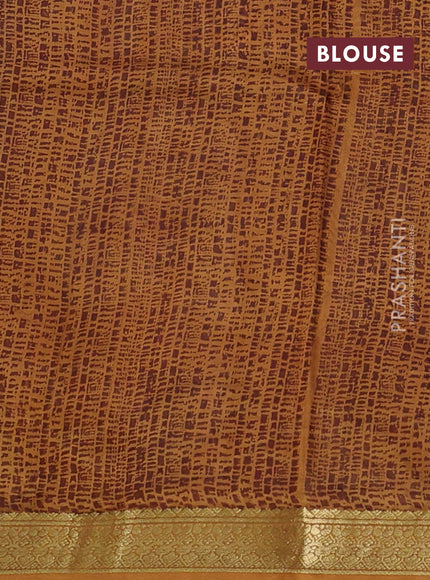 Pure printed silk saree olive green and mustard yellow with allover kalamkari prints and zari woven border
