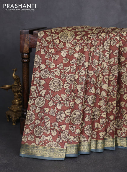 Pure printed silk saree coffee brown and grey with allover kalamkari prints and zari woven border