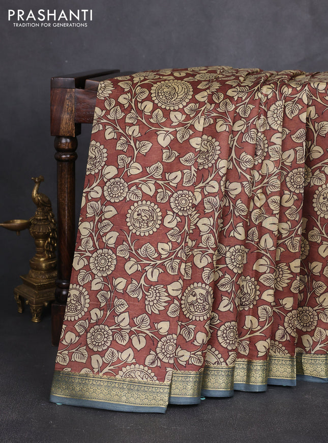 Pure printed silk saree coffee brown and grey with allover kalamkari prints and zari woven border