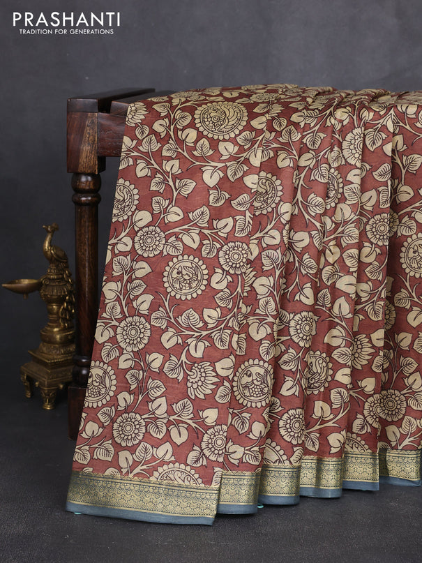 Pure printed silk saree coffee brown and grey with allover kalamkari prints and zari woven border