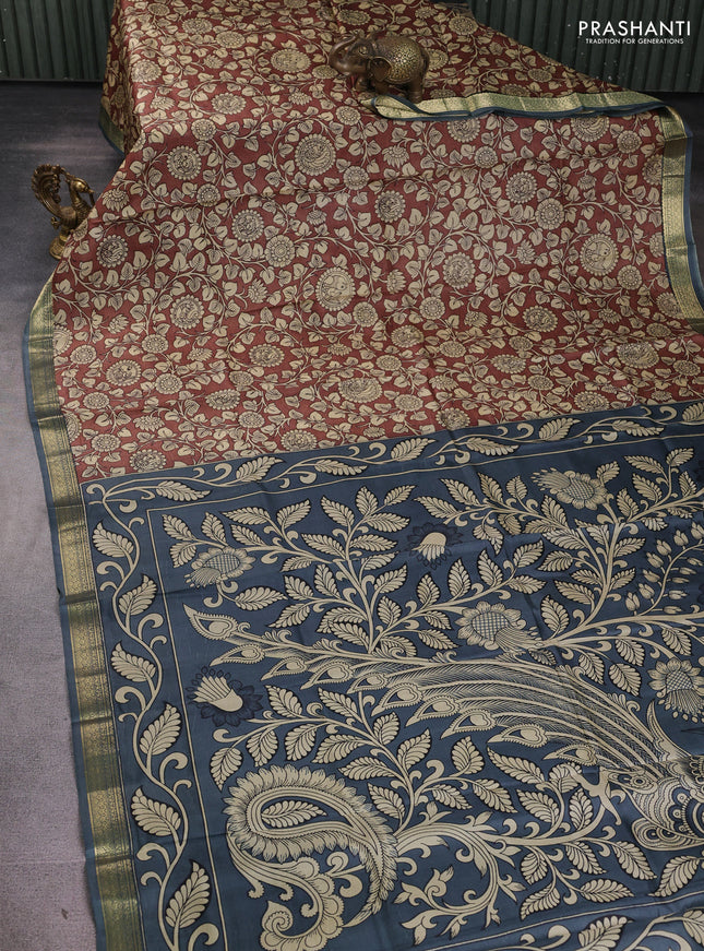 Pure printed silk saree coffee brown and grey with allover kalamkari prints and zari woven border
