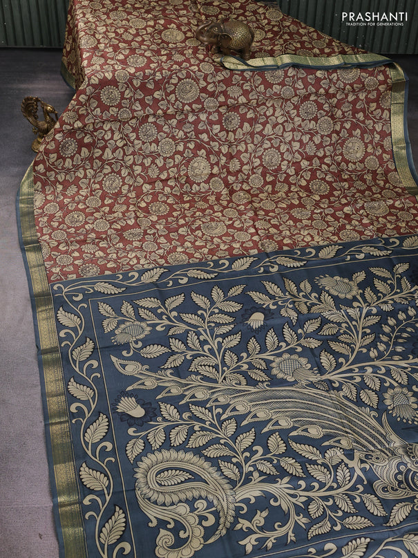 Pure printed silk saree coffee brown and grey with allover kalamkari prints and zari woven border