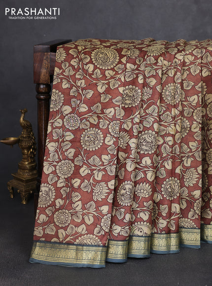 Pure printed silk saree coffee brown and grey with allover kalamkari prints and zari woven border