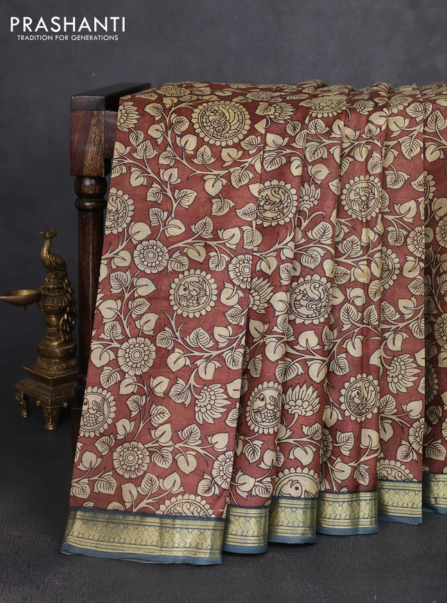 Pure printed silk saree coffee brown and grey with allover kalamkari prints and zari woven border