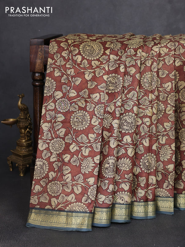 Pure printed silk saree coffee brown and grey with allover kalamkari prints and zari woven border