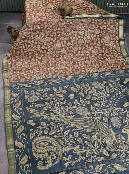 Pure printed silk saree coffee brown and grey with allover kalamkari prints and zari woven border