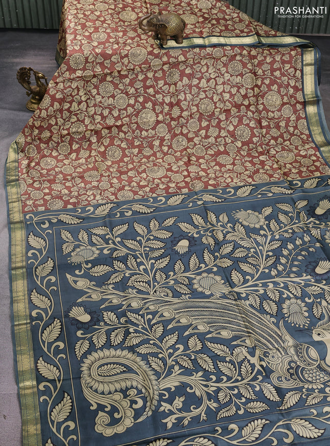 Pure printed silk saree coffee brown and grey with allover kalamkari prints and zari woven border