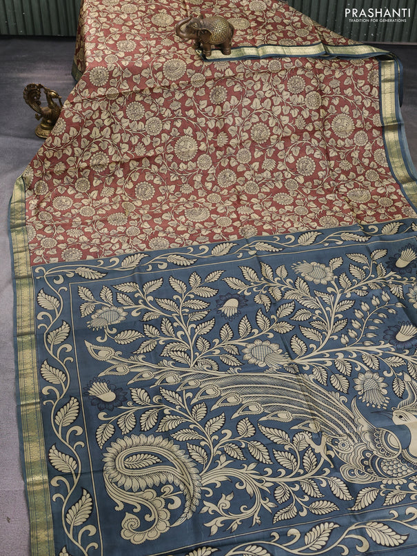 Pure printed silk saree coffee brown and grey with allover kalamkari prints and zari woven border