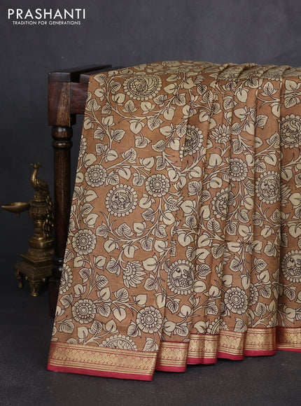 Pure printed silk saree sandal and maroon with allover kalamkari prints and zari woven border