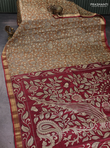 Pure printed silk saree sandal and maroon with allover kalamkari prints and zari woven border