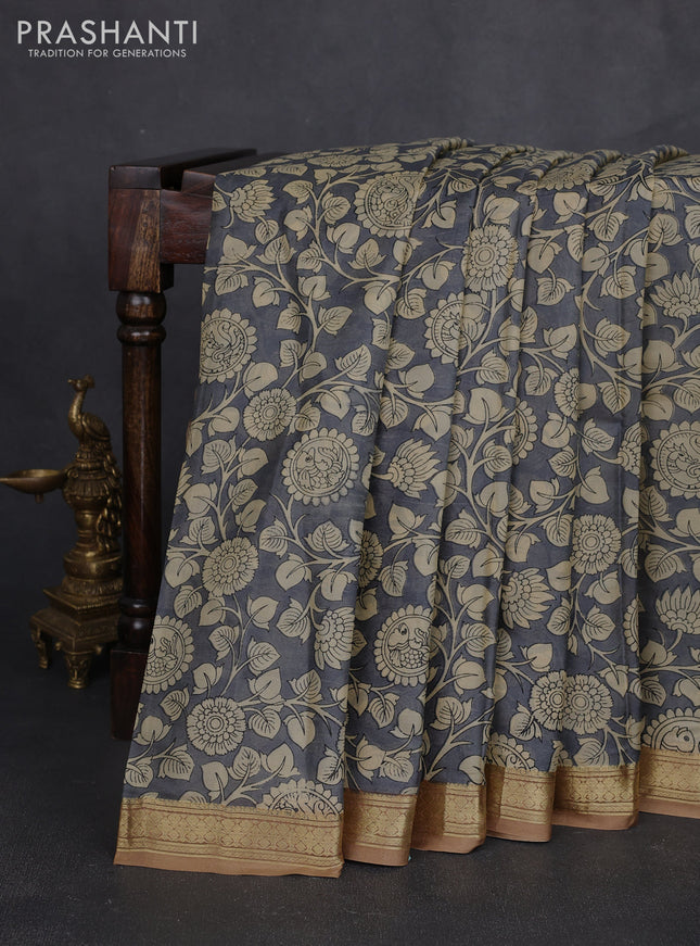 Pure printed silk saree grey and sandal with allover kalamkari prints and zari woven border