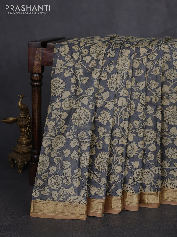 Pure printed silk saree grey and sandal with allover kalamkari prints and zari woven border