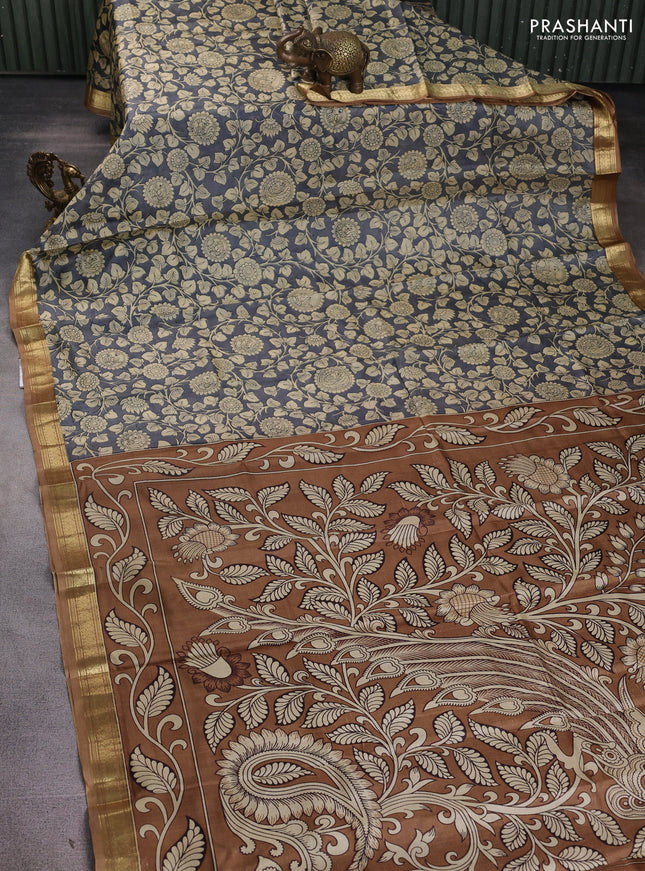 Pure printed silk saree grey and sandal with allover kalamkari prints and zari woven border