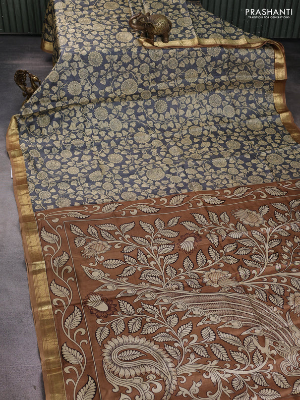 Pure printed silk saree grey and sandal with allover kalamkari prints and zari woven border