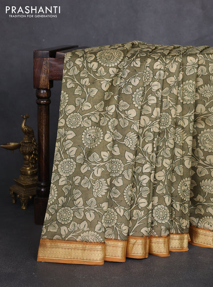 Pure printed silk saree mehendi green and mustard yellow with allover kalamkari prints and zari woven border