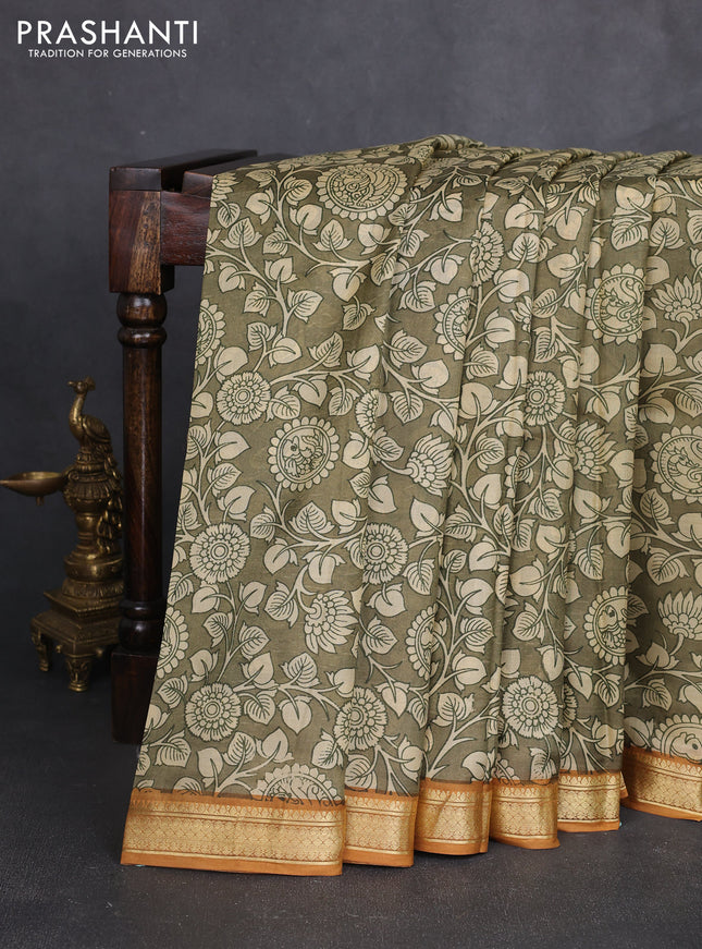 Pure printed silk saree mehendi green and mustard yellow with allover kalamkari prints and zari woven border