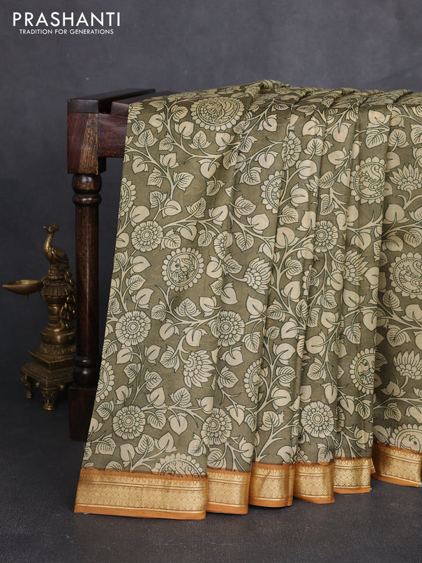 Pure printed silk saree mehendi green and mustard yellow with allover kalamkari prints and zari woven border