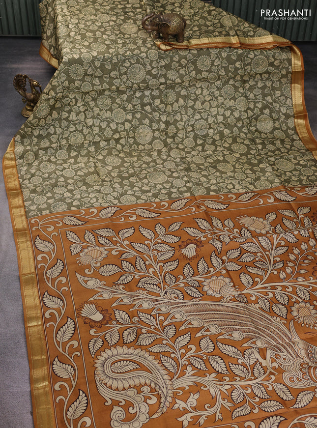 Pure printed silk saree mehendi green and mustard yellow with allover kalamkari prints and zari woven border