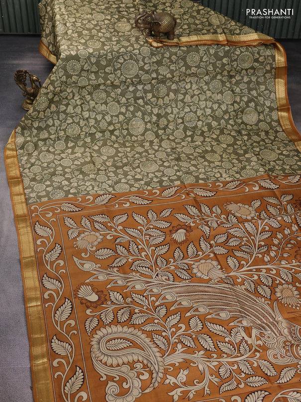 Pure printed silk saree mehendi green and mustard yellow with allover kalamkari prints and zari woven border