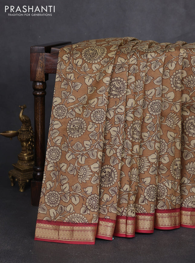Pure printed silk saree brown and maroon with allover kalamkari prints and zari woven border