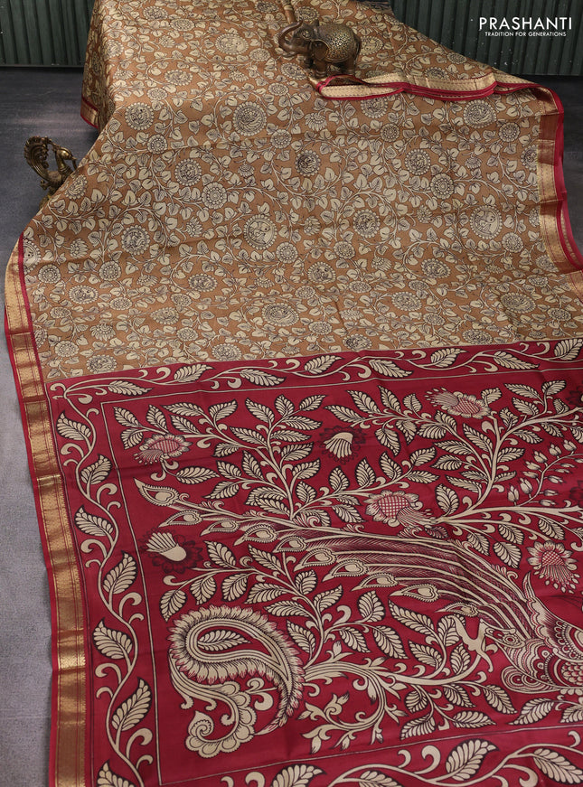 Pure printed silk saree brown and maroon with allover kalamkari prints and zari woven border