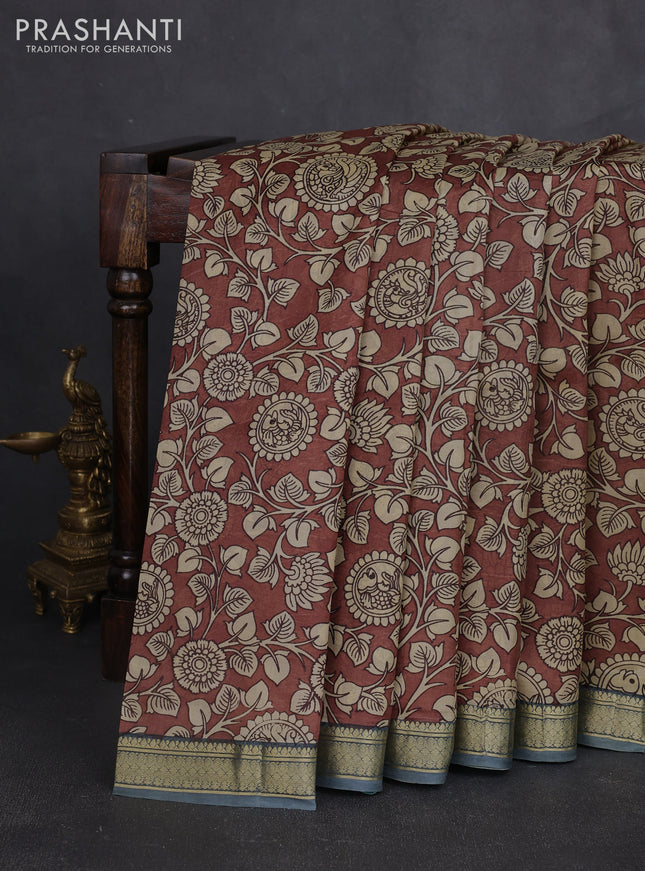 Pure printed silk saree brown and grey with allover kalamkari prints and zari woven border