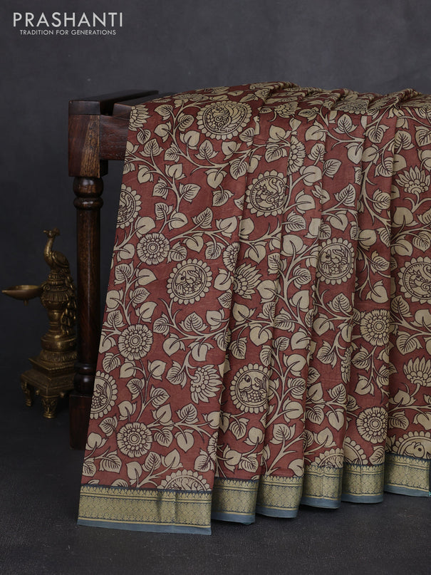 Pure printed silk saree brown and grey with allover kalamkari prints and zari woven border