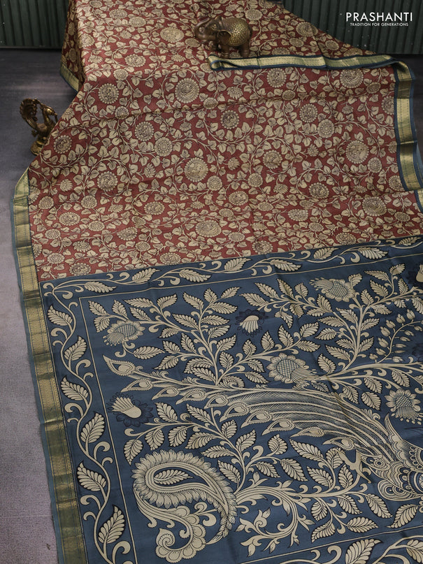 Pure printed silk saree brown and grey with allover kalamkari prints and zari woven border