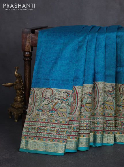 Pure printed silk saree cs blue with allover prints and madhubani printed zari woven border