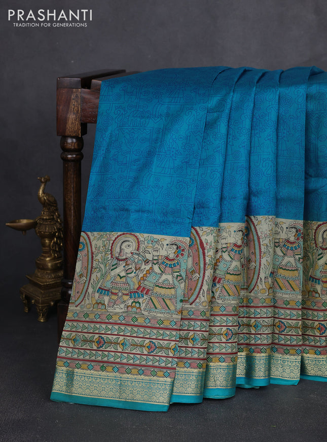 Pure printed silk saree cs blue with allover prints and madhubani printed zari woven border